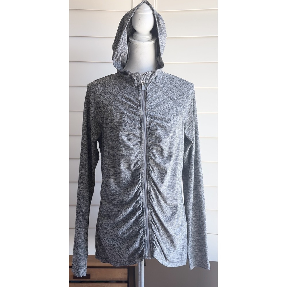 Athleta Gray Full-Zip Hooded Ruched Sweatshirt